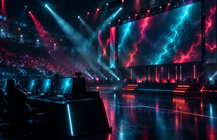Esports stage seen from the side with a player desk row in the foreground and a large screen in magenta and teal light