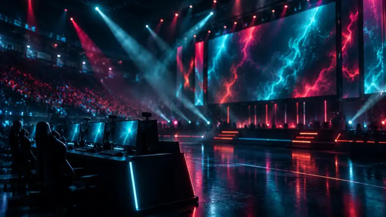 Esports stage seen from the side with a player desk row in the foreground and a large screen in magenta and teal light