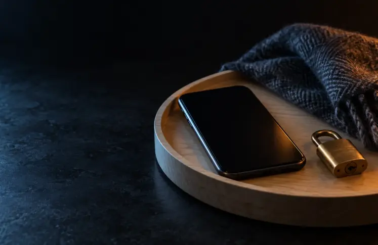 Verkkopankki casinos header: smartphone on a birch tray beside a brass padlock