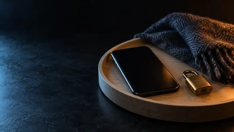 Verkkopankki casinos header: smartphone on a birch tray beside a brass padlock