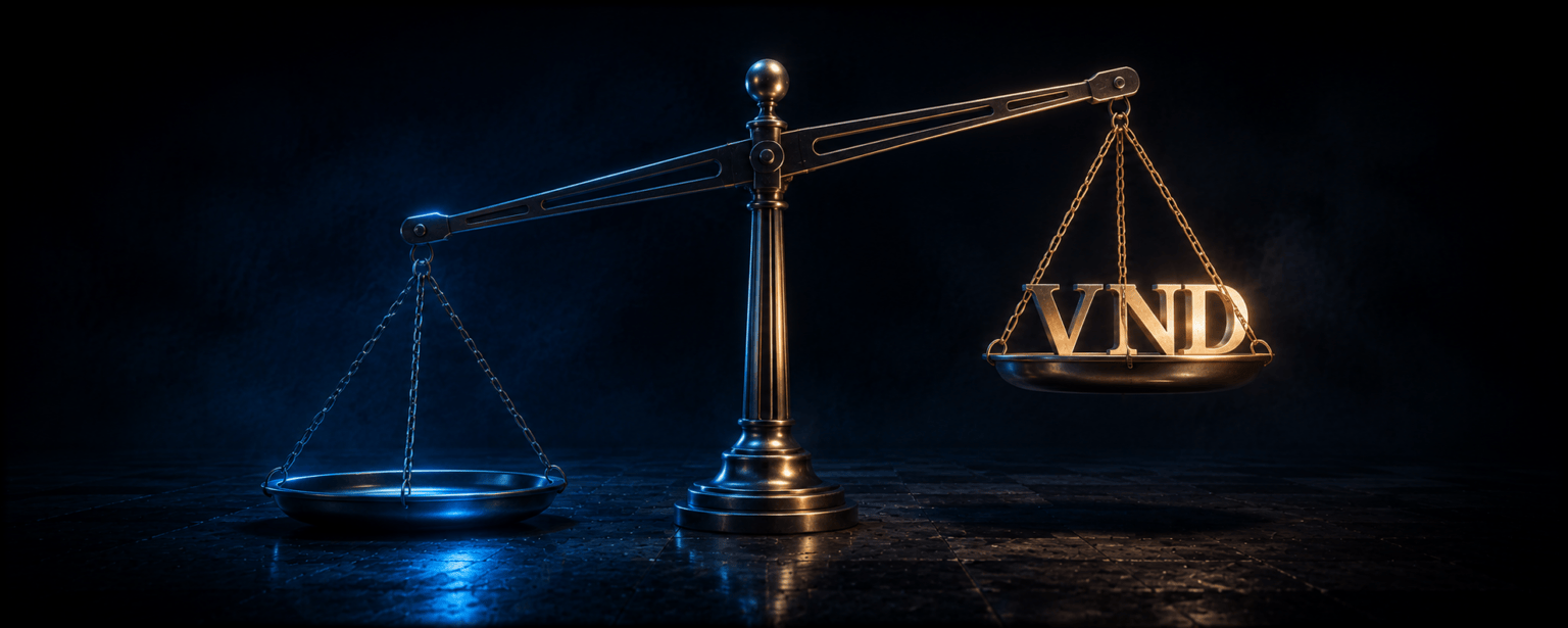 A steel beam balance with one pan hanging low and the VND letterforms standing on the raised side in amber light
