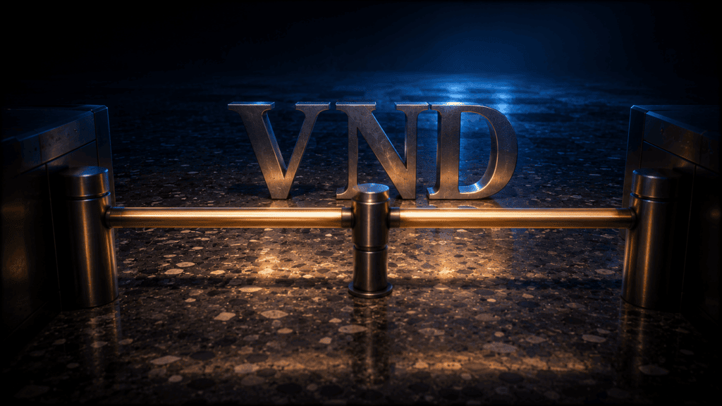 Sculpted titanium letters spelling VND behind a raised steel turnstile bar lit amber, with empty blue-lit floor stretching away beyond it