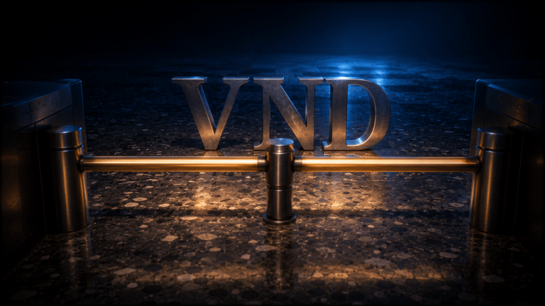 Sculpted titanium letters spelling VND behind a raised steel turnstile bar lit amber, with empty blue-lit floor stretching away beyond it