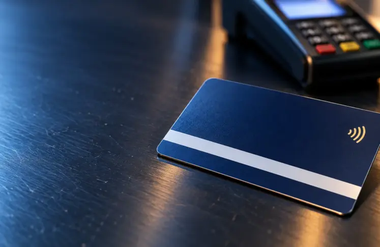 Blank navy blue payment card with a white stripe and a gold contactless symbol on a scratched dark counter, a card terminal out of focus behind it