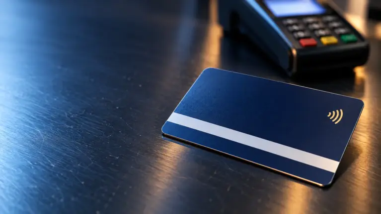 Blank navy blue payment card with a white stripe and a gold contactless symbol on a scratched dark counter, a card terminal out of focus behind it