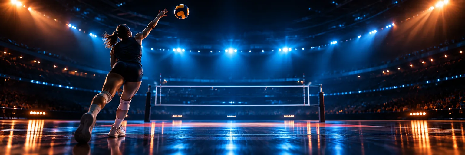 Low angle of a volleyball player serving under arena lights