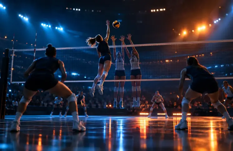 Indoor volleyball arena at night with a player spiking at the net