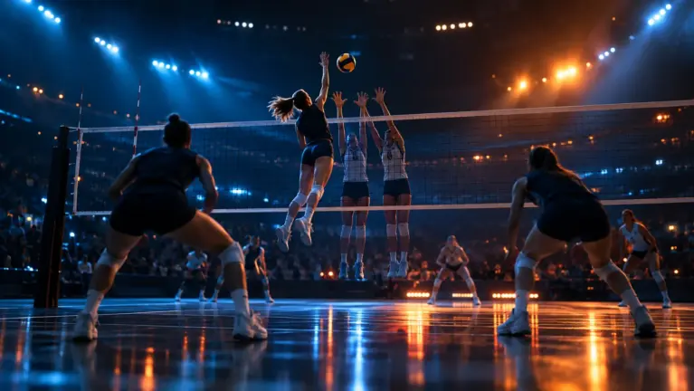 Indoor volleyball arena at night with a player spiking at the net