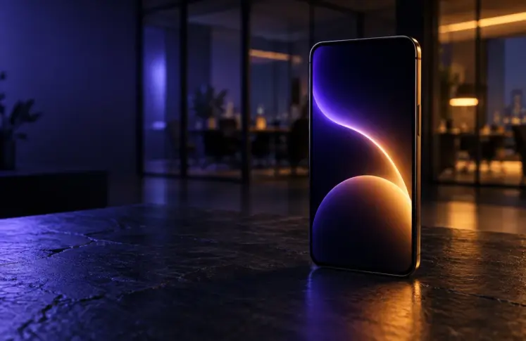 Smartphone on a slate surface showing a glowing arc of light between two circles