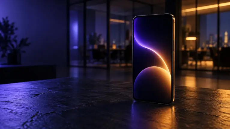 Smartphone on a slate surface showing a glowing arc of light between two circles