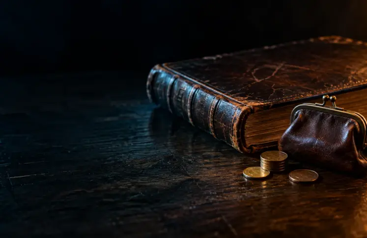 WebMoney casinos header: old leather ledger and coin purse on an oak table