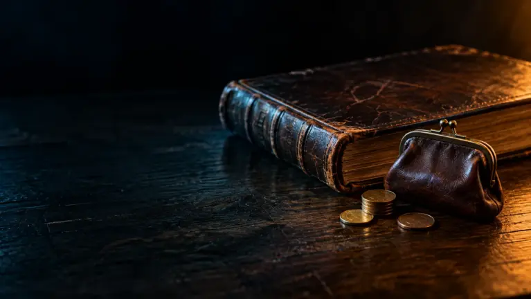 WebMoney casinos header: old leather ledger and coin purse on an oak table