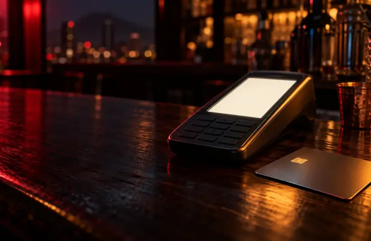 Card payment terminal and a bank card on a dark wooden bar counter
