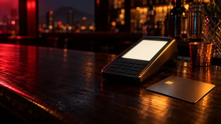 Card payment terminal and a bank card on a dark wooden bar counter