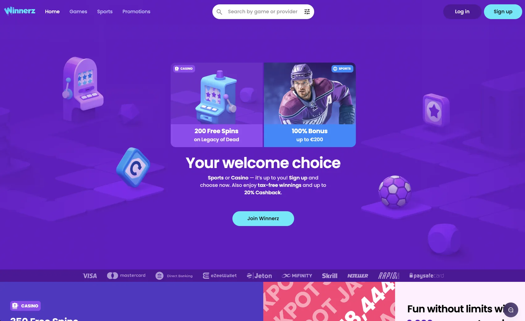 Winnerz Casino home page with the welcome package and jackpot total