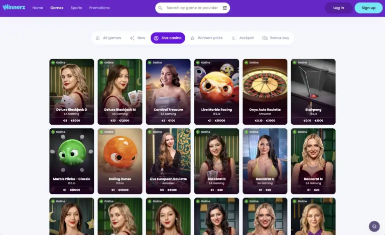 Winnerz Casino live casino lobby with blackjack and roulette tables