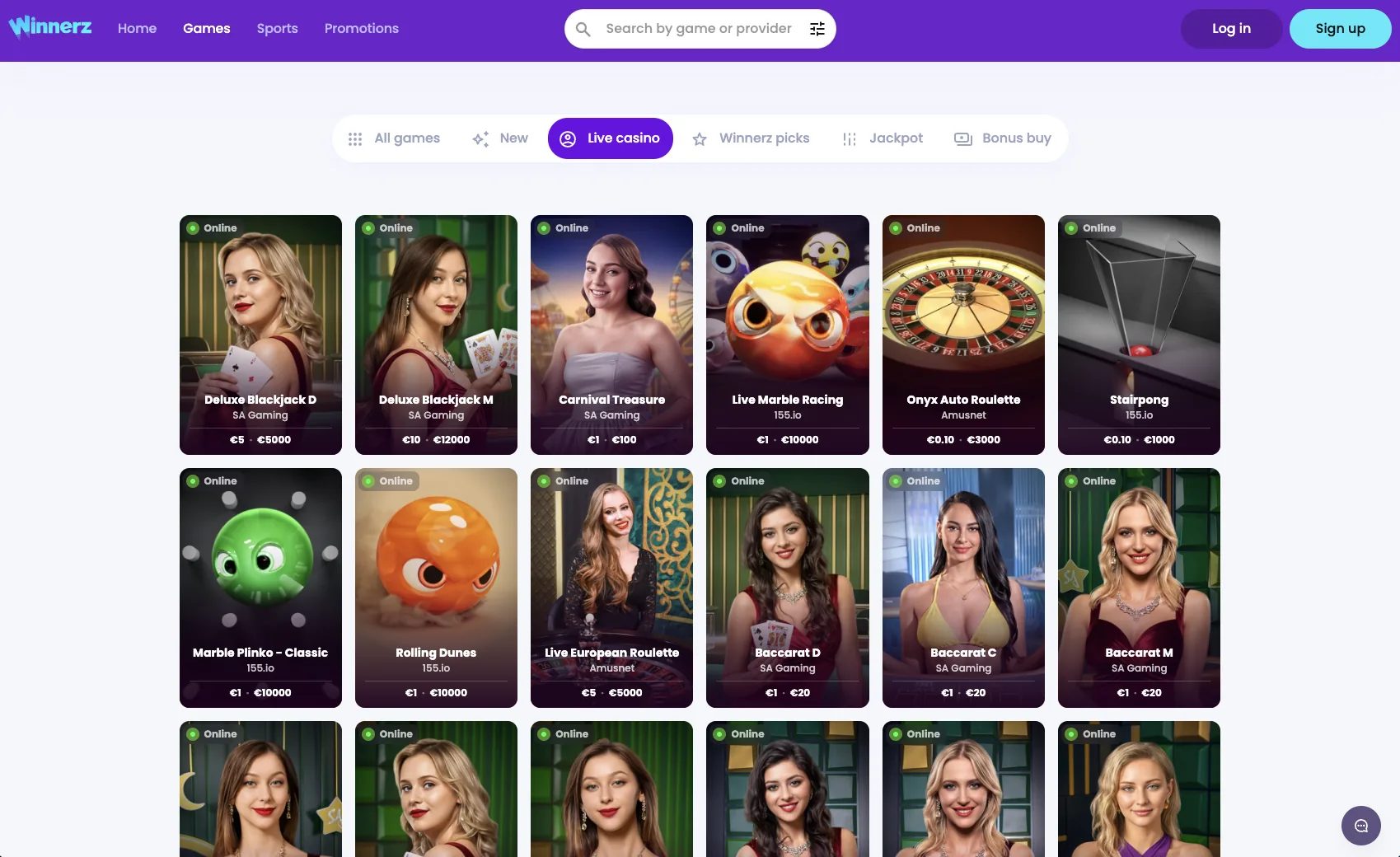 Winnerz Casino live casino lobby with blackjack and roulette tables