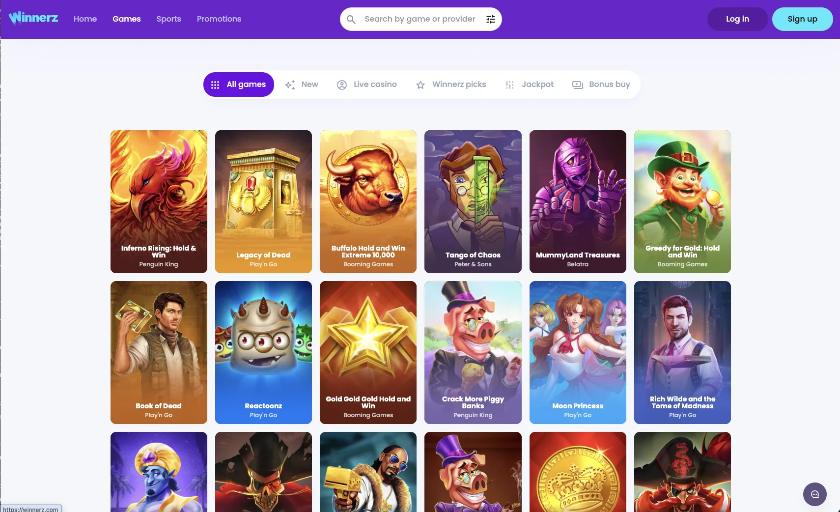 Slots lobby with the bonus buy, jackpot and new game filters
