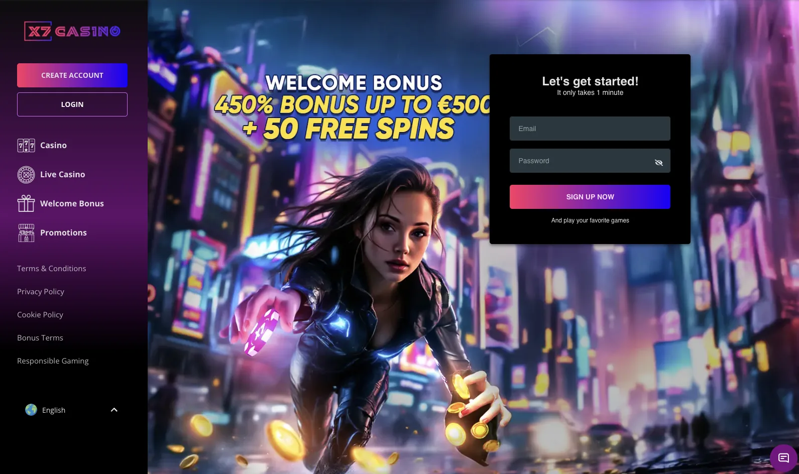 X7 Casino home page with the 450% welcome bonus banner and sign up form