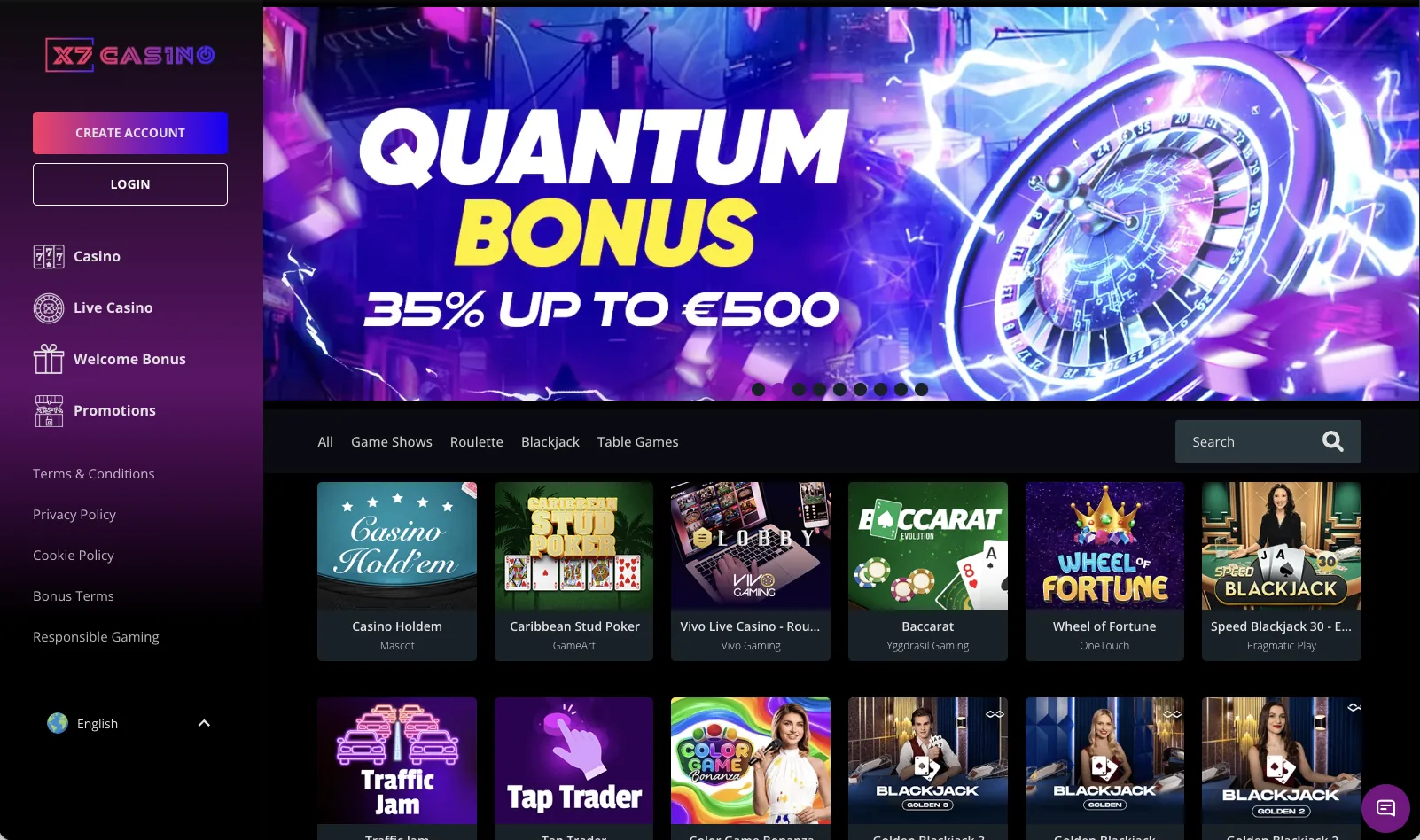 Live casino lobby with blackjack, roulette and game show tables