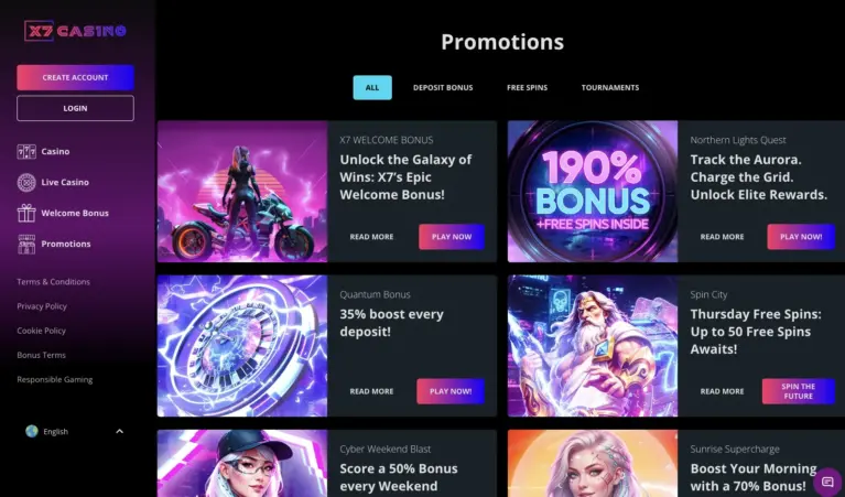 X7 Casino promotions page with reloads, missions and VIP offers