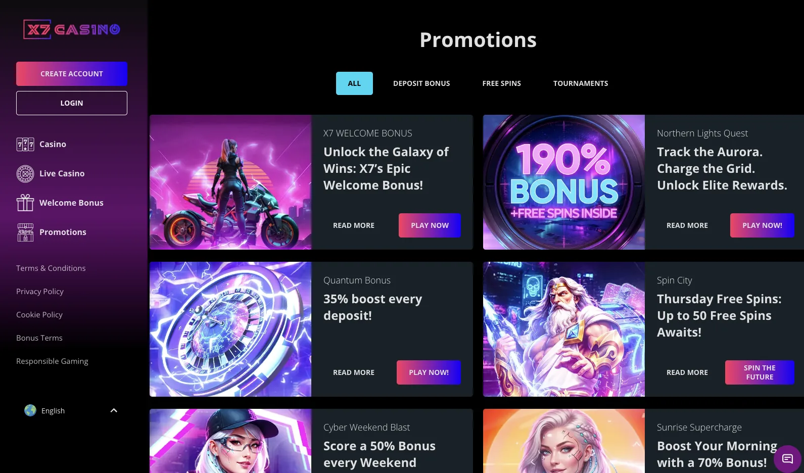 X7 Casino promotions page with reloads, missions and VIP offers
