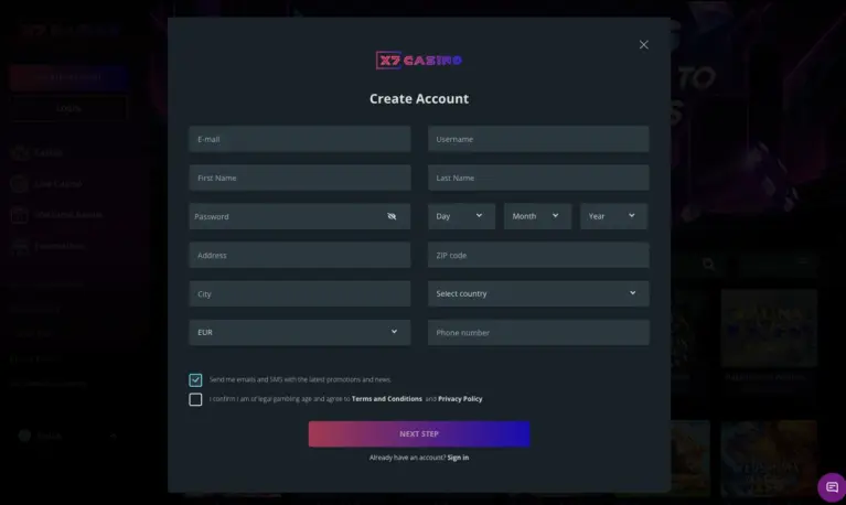 Create account form asking for name, address, birth date, currency and phone number
