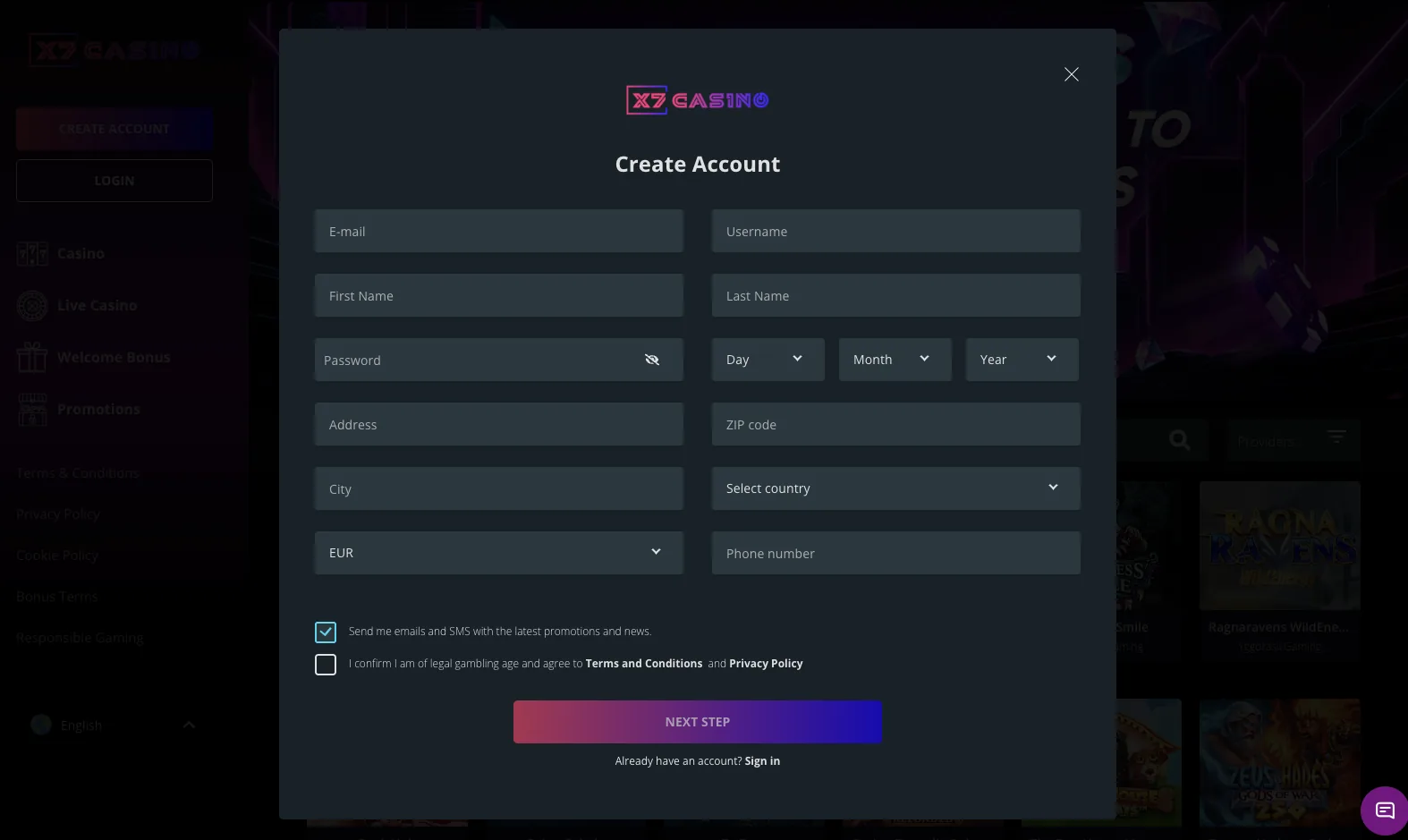 Create account form asking for name, address, birth date, currency and phone number