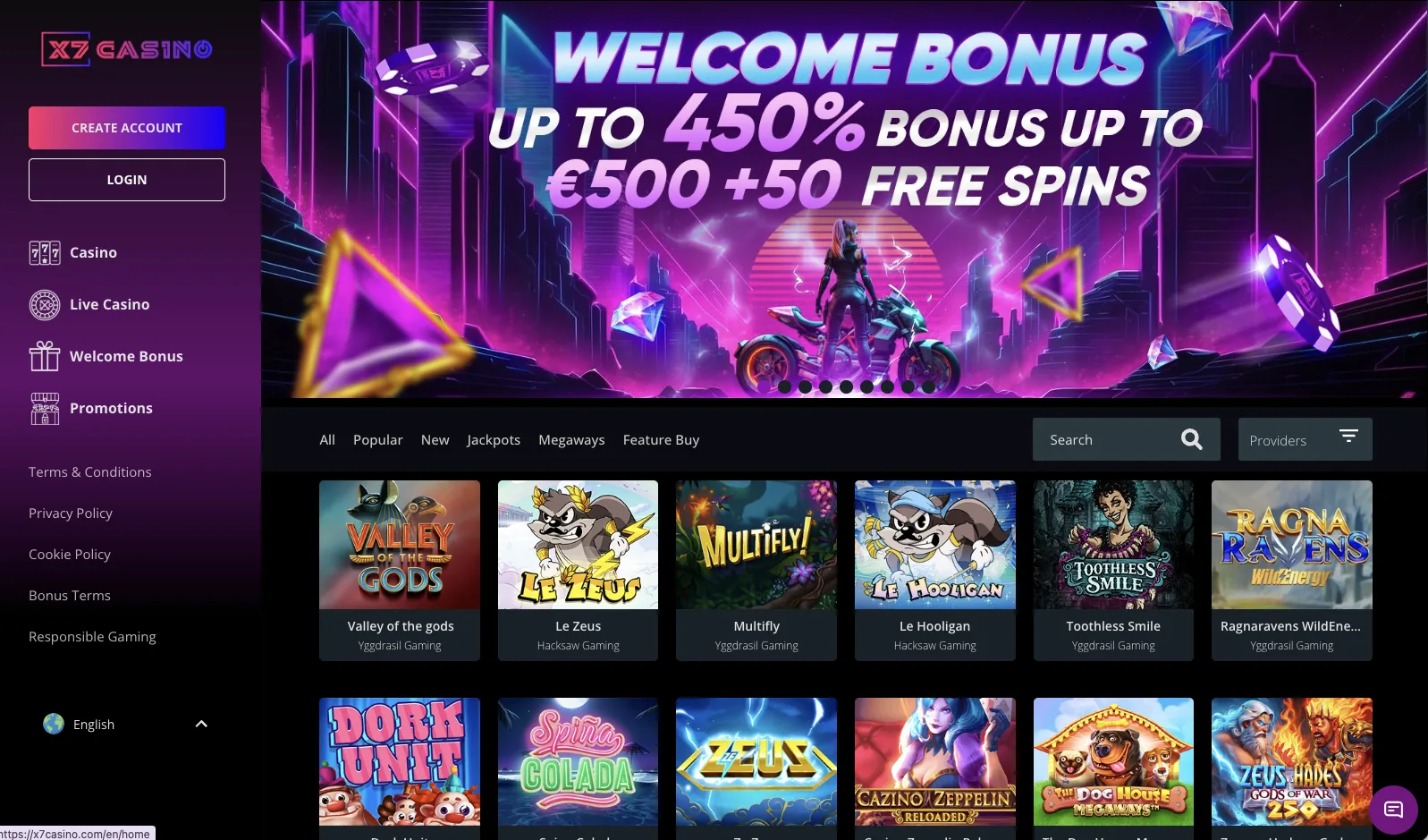 Slots lobby with provider filter and game tiles