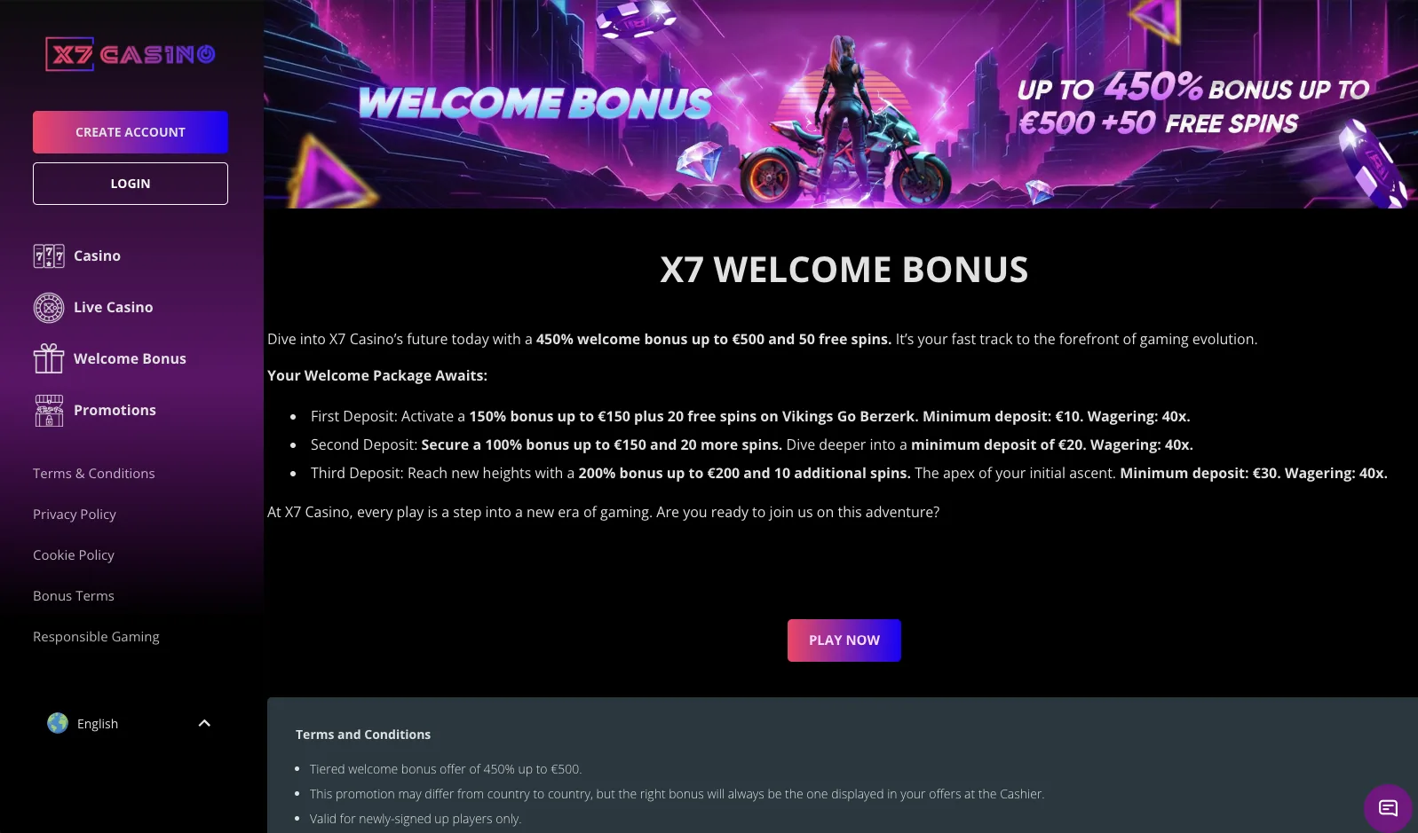 X7 Casino welcome bonus page showing the three deposit package