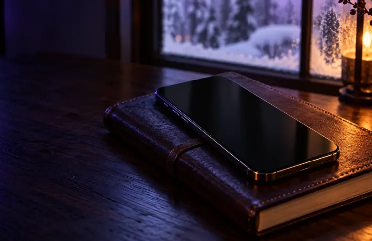 Smartphone on a leather notebook on a walnut desk by a frosted window