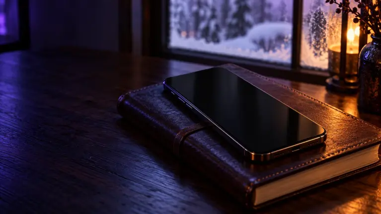Smartphone on a leather notebook on a walnut desk by a frosted window