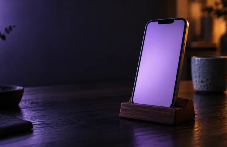 A smartphone with a lilac glowing screen standing in an oak stand on a dark wooden table beside a coffee cup