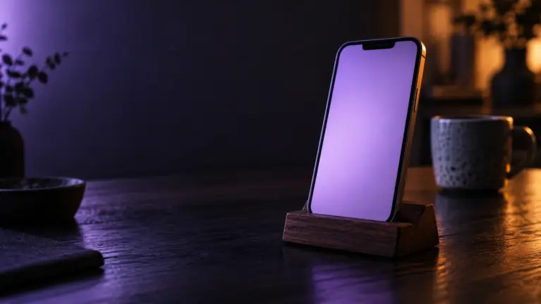 A smartphone with a lilac glowing screen standing in an oak stand on a dark wooden table beside a coffee cup