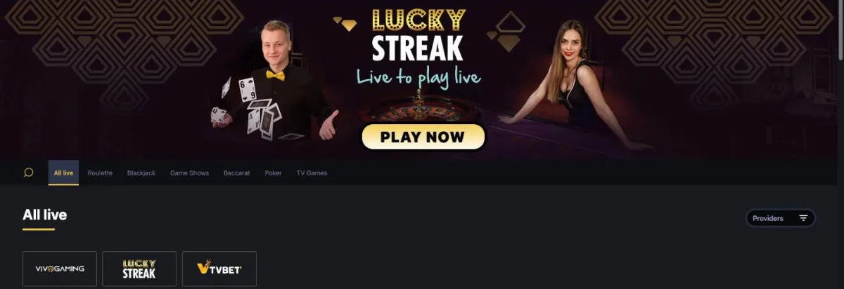 24Slots live casino with Vivo Gaming, Lucky Streak and TVBET tables and categories for roulette, blackjack, game shows, baccarat and poker