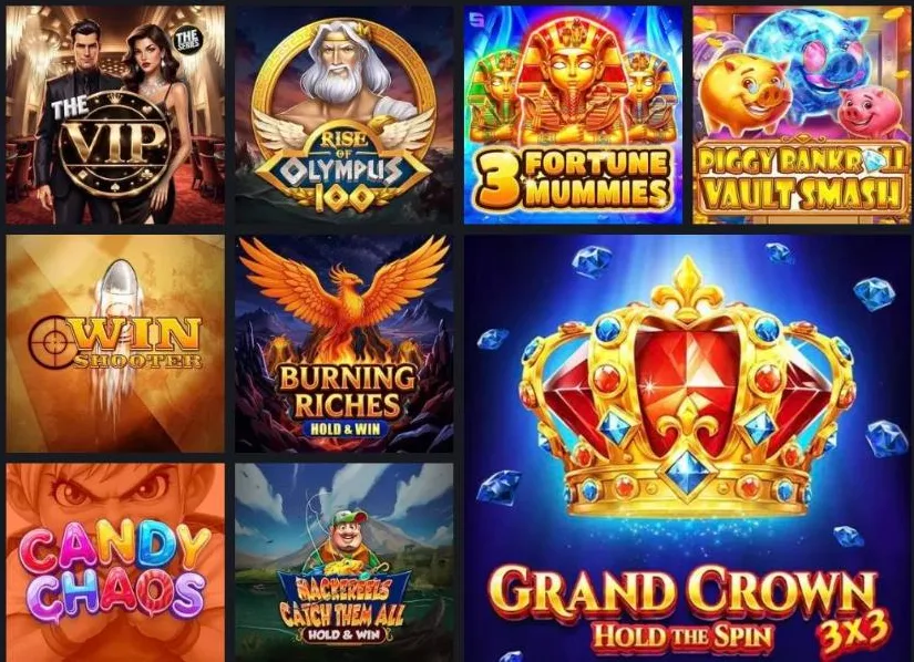 24Slots casino lobby with Rise of Olympus 100, 3 Fortune Mummies, Grand Crown and other top slots