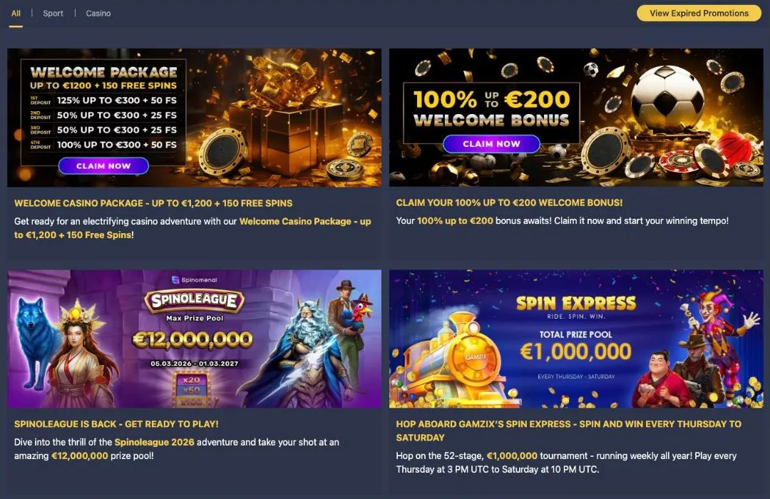 24Slots promotions page with the welcome package, sports welcome bonus, Spinoleague and Spin Express tournaments