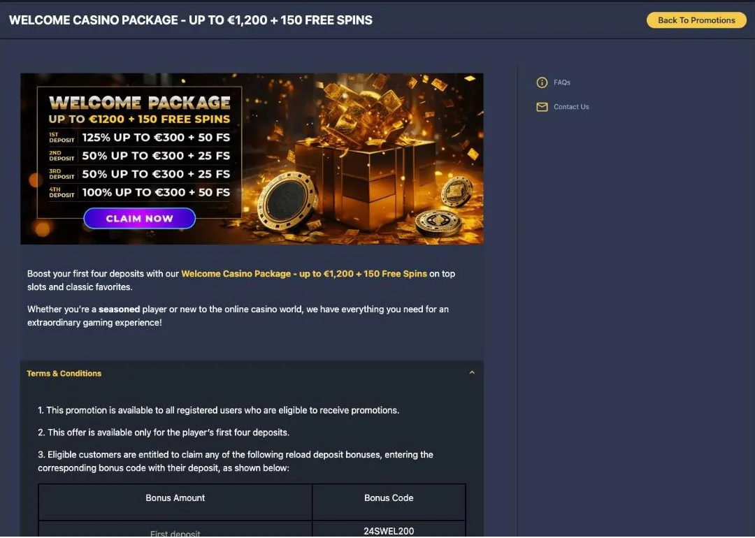 24Slots welcome package up to 1,200 EUR plus 150 free spins over four deposits, shown on the 258slots.com mirror