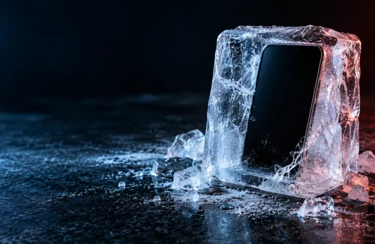 Alfa Click casinos header: smartphone frozen inside a block of ice on dark granite