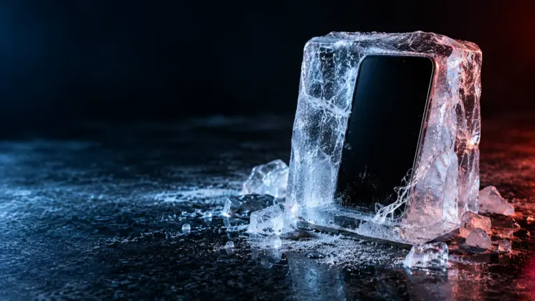 Alfa Click casinos header: smartphone frozen inside a block of ice on dark granite