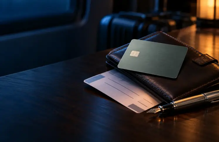 American Express casinos header: plain green-grey metal card on a leather travel wallet with a boarding pass and pen