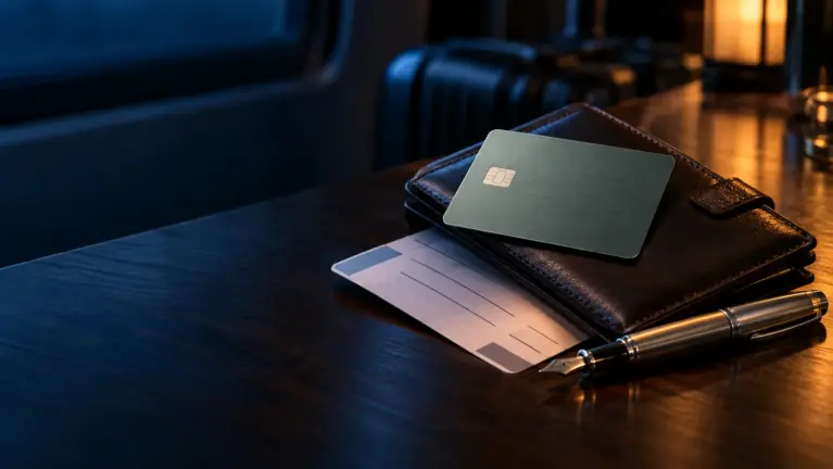 American Express casinos header: plain green-grey metal card on a leather travel wallet with a boarding pass and pen