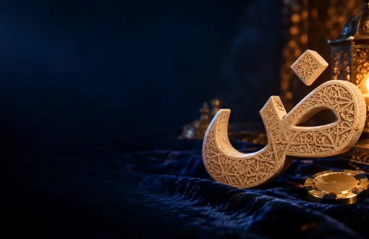 Carved stone Arabic letter ض on indigo velvet with a lantern and a casino chip