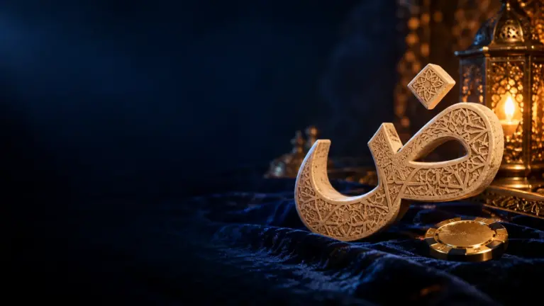 Carved stone Arabic letter ض on indigo velvet with a lantern and a casino chip