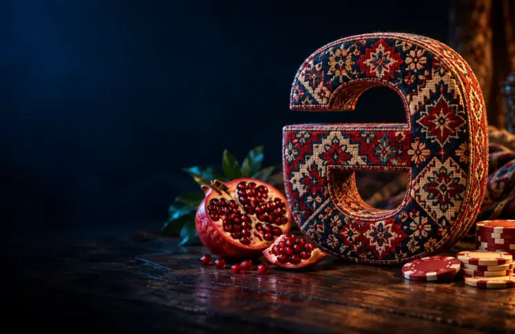 Carpet woven Azerbaijani letter Ə with a pomegranate and casino chips