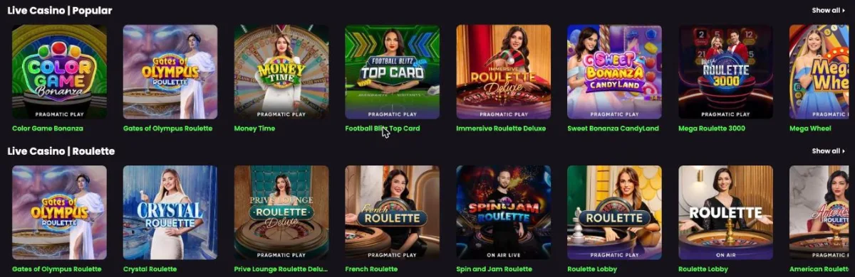 Live casino lobby with Pragmatic Play and OnAir roulette and game show tables