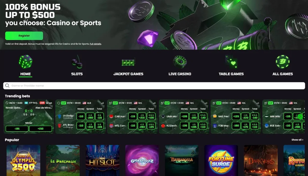 Beazt Casino lobby in Canada with the welcome banner, trending bets and popular slots