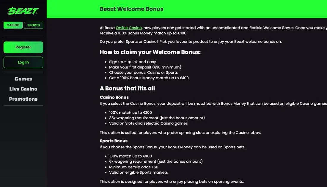 Beazt Casino welcome bonus page with the casino and sports options