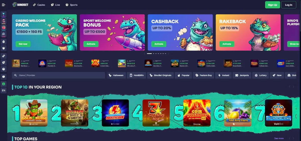 BinoBet Casino lobby with welcome pack, cashback and rakeback banners above the top 10 slots