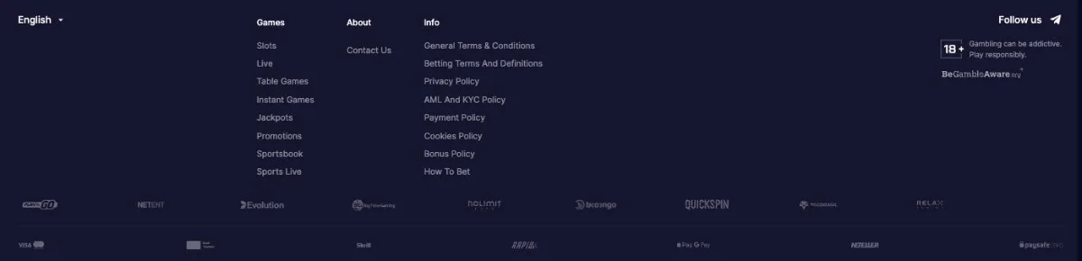 BinoBet footer listing game providers and payment methods such as Visa, Skrill, Neteller and Paysafecard